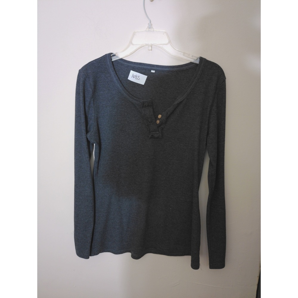 Unbranded Henley Top Womens M Gray Ribbed Long Sleeve Casual Basic Slim Fit